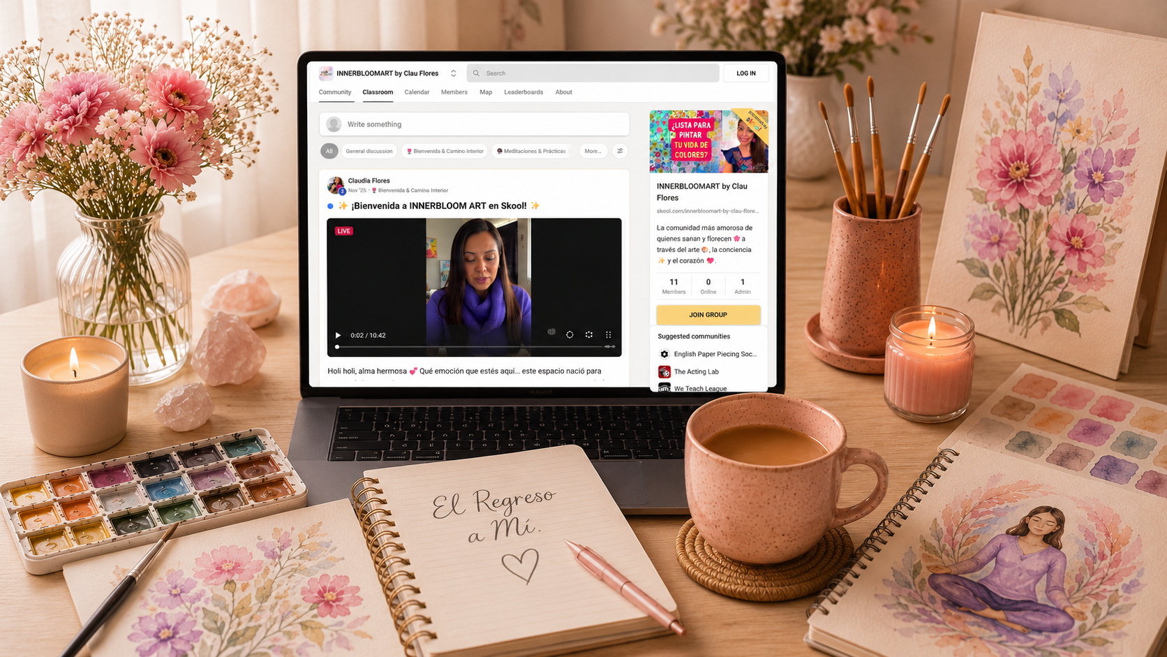 Curso online de Inner Bloom Art mostrado en una laptop