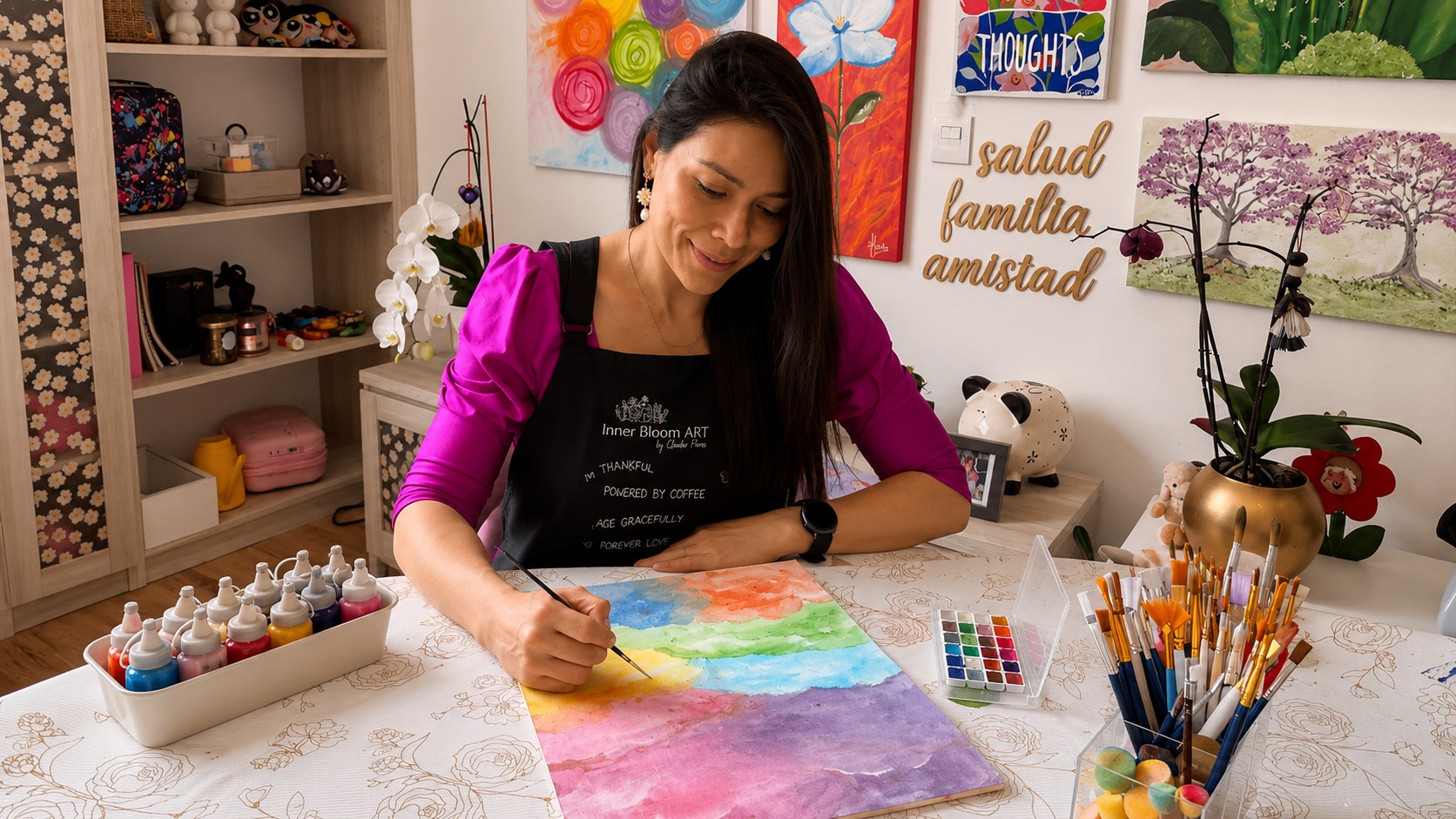 Clau Flores pintando en su estudio