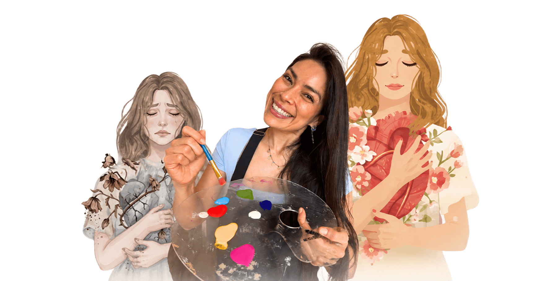 Clau Flores acompañada de dos ilustraciones femeninas